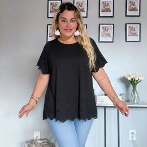 LISHLY Women's Short Sleeve Round Neck T-Shirts, Casual Blouses with Eyelet Deta